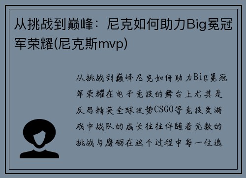 从挑战到巅峰：尼克如何助力Big冕冠军荣耀(尼克斯mvp)