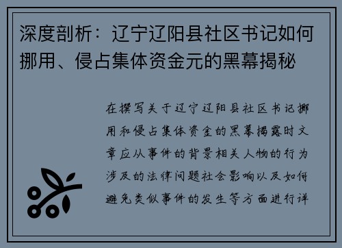 深度剖析：辽宁辽阳县社区书记如何挪用、侵占集体资金元的黑幕揭秘