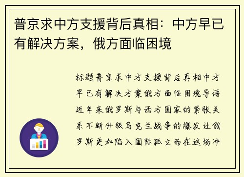 普京求中方支援背后真相：中方早已有解决方案，俄方面临困境